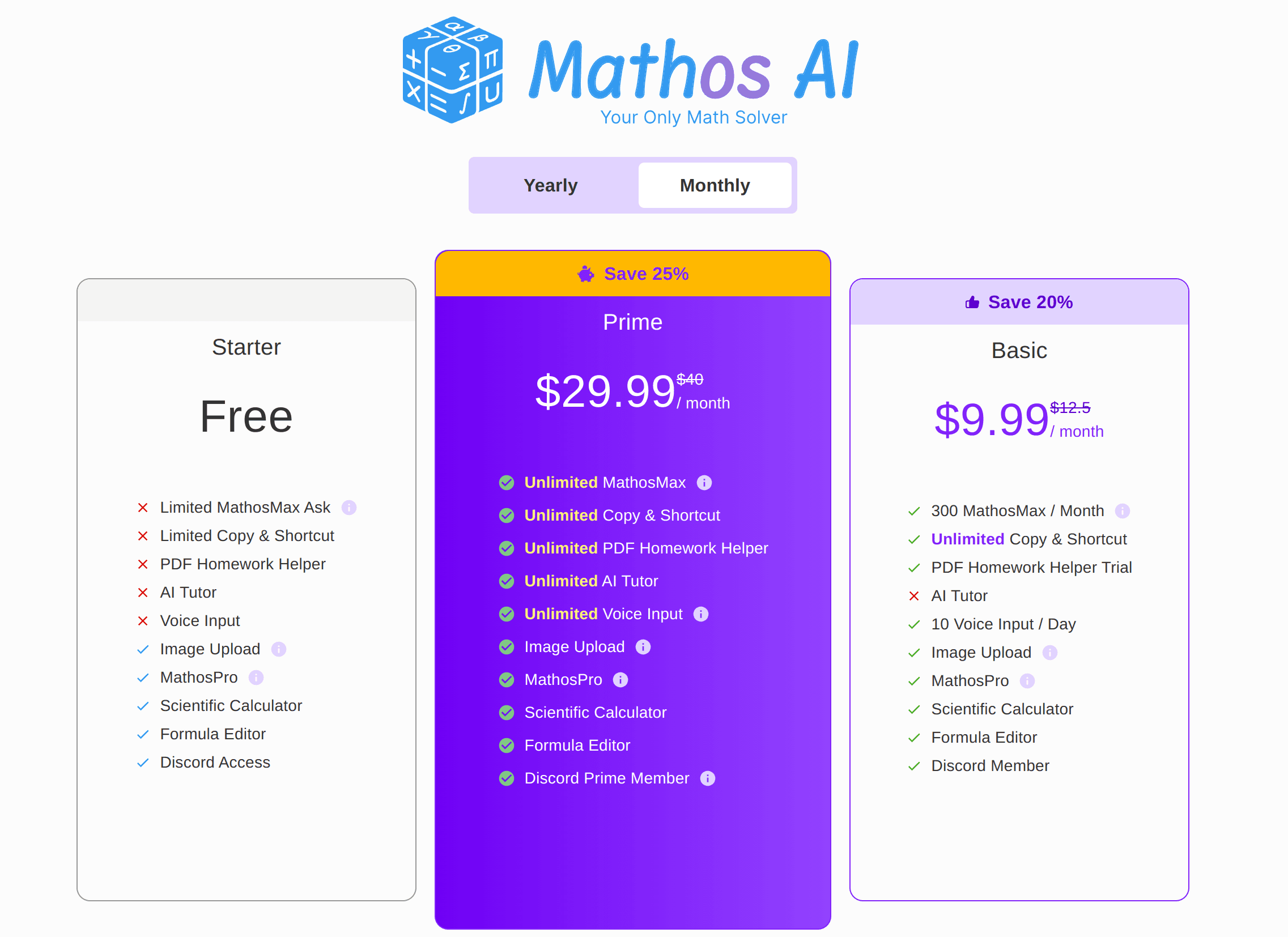 Mathos AI Subscription Pricing monthly Plan
