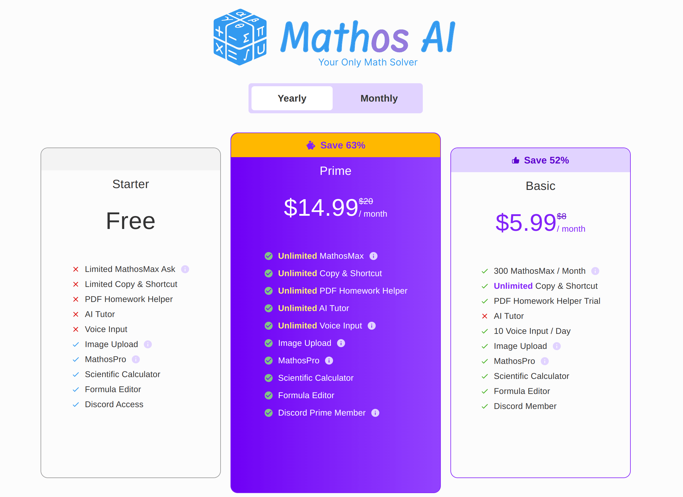 Mathos AI Subscription Pricing yearly Plan